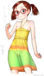 Rule 34 | 1girl, bad id, bad twitter id, bare arms, bare shoulders, black eyes, breasts, brown hair, clenched hand, cowboy shot, dress, glasses, halterneck, hot, kanzaki muyu, looking at viewer, multicolored clothes, multicolored dress, original, parted lips, red-framed eyewear, see-through, short hair, sleeveless, sleeveless dress, small breasts, solo, sweat, translated, twintails, twitter username