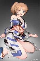 Rule 34 | 1girl, ahenn, blue eyes, breasts, brown hair, commentary request, gradient background, grey background, intrepid (kancolle), japanese clothes, kantai collection, kimono, large breasts, looking at viewer, multicolored clothes, multicolored kimono, obi, off shoulder, one eye closed, open mouth, ponytail, round teeth, sandals, sash, short hair, solo, teeth, upper body, upper teeth only, yukata