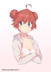 Rule 34 | 10s, 1girl, :&lt;, absurdres, ahoge, aqua eyes, artist name, chinese commentary, commentary request, crossed arms, darling in the franxx, dated, double bun, eyes visible through hair, gorgeous mushroom, gradient background, hair between eyes, hair bun, highres, miku (darling in the franxx), red hair, short hair, simple background, solo, upper body, v-shaped eyebrows