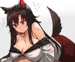 Rule 34 | 1girl, animal ears, bad id, bad pixiv id, bare shoulders, blush, breasts, brown hair, cleavage, collarbone, commentary request, gradient background, grey background, hair between eyes, imaizumi kagerou, large breasts, long hair, long sleeves, nose blush, off-shoulder shirt, off shoulder, red eyes, red skirt, shirt, skirt, solo, suminagashi, tail, touhou, white shirt, wolf ears, wolf tail