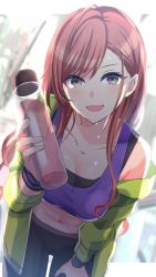 Rule 34 | 1girl, absurdres, ahoge, arisugawa natsuha, artist request, black eyes, breasts, commentary request, dutch angle, film grain, flask, green jacket, highres, idolmaster, idolmaster shiny colors, jacket, large breasts, leggings, long hair, looking at viewer, midriff, navel, open clothes, open jacket, open mouth, red hair, solo, sweat, tank top, wristband
