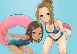 Rule 34 | 2girls, age difference, ball, bare arms, beachball, bent over, bikini, blue background, breasts, brown eyes, brown hair, cleavage, closed mouth, commentary request, creatures (company), dark-skinned female, dark skin, eyelashes, game freak, hair bun, hair ornament, hair tie, hairclip, holding, holding swim ring, innertube, knees, looking at viewer, mochoi soku, multiple girls, navel, nintendo, one-piece swimsuit, onee-loli, open mouth, pokemon, pokemon dppt, simple background, single hair bun, smile, swim ring, swimmer (pokemon), swimsuit, teeth, tongue, tuber (pokemon), upper teeth only