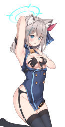 Rule 34 | 1girl, absurdres, animal ear fluff, animal ears, arm up, armpits, bell, blue archive, blue eyes, covered navel, covering privates, covering breasts, cross hair ornament, extra ears, garter belt, garter straps, gloves, goyain, grey hair, hair ornament, hair ribbon, half gloves, halo, highres, medium hair, neck bell, no panties, ribbon, shiroko (blue archive), simple background, skindentation, solo, thighhighs