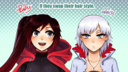 Rule 34 | 2girls, :&lt;, alternate hairstyle, blue eyes, cape, character name, collarbone, cross, earrings, artistic error, eyelashes, grey eyes, hairstyle switch, jewelry, long hair, md5 mismatch, multiple girls, necklace, open mouth, ponytail, red hair, reef (sanomsai products), ruby rose, rwby, short hair, smile, upper body, weiss schnee, white hair