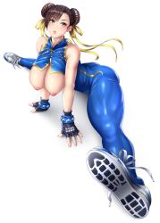 Rule 34 | 1girl, ass, bare shoulders, black gloves, blue unitard, blush, bodysuit, bow, bracelet, breasts, breasts out, brown eyes, brown hair, capcom, chun-li, commentary, double bun, fingerless gloves, full body, gloves, hair bow, hair bun, hanging breasts, highres, inverted nipples, jewelry, kurone rinka, large breasts, lips, looking at viewer, md5 mismatch, nipples, no bra, parted bangs, parted lips, puffy nipples, revision, shiny clothes, shiny skin, shoes, short hair, simple background, skin tight, sleeveless, sneakers, solo, split, spread legs, street fighter, street fighter zero (series), thick thighs, thighs, unitard, white background