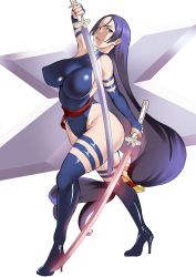 Rule 34 | 1girl, absurdres, bare shoulders, blue leotard, breasts, commission, covered erect nipples, curvy, dual wielding, energy blade, fate/grand order, fate (series), fingerless gloves, gloves, high heels, highres, holding, holding sword, holding weapon, large breasts, leotard, long hair, low-tied long hair, low tied hair, marvel, minamoto no raikou (fate), parted bangs, pixiv commission, psylocke, purple eyes, purple hair, sash, shiki (love-saber), sword, thick thighs, thighs, very long hair, weapon, x-men
