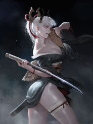 Rule 34 | breasts, cl, fan, horns, large breasts, leg wrap, ponytail, sword, tagme, weapon, white hair