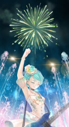 Rule 34 | 1girl, absurdres, aerial fireworks, arm up, armpits, bang dream!, blue flower, blue hair, blue rose, buttons, choker, closed eyes, dangle earrings, detached sleeves, earrings, eyelashes, fireworks, flower, fountain, guitar, highres, hikawa sayo, holding, holding instrument, instrument, jewelry, nichiju (you), puffy detached sleeves, puffy sleeves, rose, smile, solo