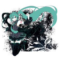 Rule 34 | 1girl, boots, detached sleeves, green eyes, green hair, hatsune miku, headset, highres, jumping, long hair, matching hair/eyes, open mouth, skirt, solo, tanashi (mk2), thigh boots, thighhighs, twintails, very long hair, vocaloid