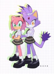 Rule 34 | 2girls, alternate costume, amy rose, animal ears, animal nose, black footwear, black hairband, blaze the cat, blush, bracelet, cat ears, cat girl, cat tail, closed mouth, collared shirt, commentary, drop shadow, full body, furry, furry female, gloves, green eyes, grid background, hair ornament, hair scrunchie, hairband, hand on another&#039;s waist, highres, jewelry, kiironoinku, looking at viewer, multiple girls, necktie, pleated skirt, ponytail, school uniform, scrunchie, shirt, shoes, short sleeves, simple background, skirt, slit pupils, smile, socks, sonic (series), standing, symbol-only commentary, tail, white background, white gloves, white scrunchie, white shirt, white socks, yellow eyes