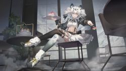 Rule 34 | 1girl, animal ears, black thighhighs, blue eyes, breasts, criin (659503), crop top, crossed legs, drill hair, fork, frilled shirt, frills, gradient legwear, hand up, heterochromia, high heels, highres, holding, karenina (punishing: gray raven), long hair, long sleeves, looking at viewer, maid, medium breasts, midriff, navel, orange eyes, outstretched arm, punishing: gray raven, raglan sleeves, ribbed shirt, shirt, sitting, skirt, solo, stomach, suspenders, thighhighs, thighs, tray, twin drills, twintails, white hair, white shirt, white skirt