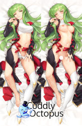 Rule 34 | 1girl,  feet, barefoot, bed sheet, belt, blush, boots, breasts, c.c., censored, code geass, commentary request, crop top, cuddly octopus, dakimakura (medium), detached sleeves, female focus, green hair, kyuri tizu, long hair, looking at viewer, medium breasts, midriff, multiple views, navel, nipples, parted lips, single thigh boot, thigh boots, thighhighs, toes, unworn boot, unworn boots, yellow eyes