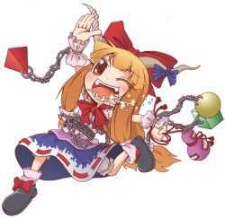 Rule 34 | 1girl, bow, chain, emu (toran), female focus, food, food in mouth, full body, gourd, hair bow, horns, ibuki suika, long hair, one eye closed, open mouth, orange hair, red eyes, ribbon, running, simple background, solo, touhou, white background, wink