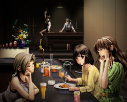 Rule 34 | 5girls, alcohol, alternate costume, ashigara (kancolle), beer, breasts, chitose (kancolle), cue stick, drinking straw, eating, closed eyes, flower, haguro (kancolle), hand on own face, headband, kantai collection, large breasts, long hair, medium hair, multiple girls, myoukou (kancolle), nachi (kancolle), pool table, smile, table, whiskey