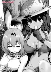 Rule 34 | 10s, 2girls, alternate breast size, animal ears, bow, bowtie, breasts, bucket hat, cleavage, eating, food, food on body, gloves, greyscale, groin, hair between eyes, hat, hat feather, highres, kaban (kemono friends), kemono friends, kuroba dam, large breasts, looking at viewer, midriff, millipen (medium), monochrome, multiple girls, outdoors, popsicle, serval (kemono friends), serval print, shade, shirt, short hair, sitting, sleeping, tied shirt, traditional media, tree, twitter username, under tree, wavy hair