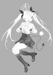 Rule 34 | 1girl, absurdres, anger vein, doodle sensei (blue archive), blue archive, blush, boots, clenched hand, collared shirt, full body, greyscale, hair over one eye, hair ribbon, halo, highres, iori (blue archive), knee boots, kneeling, long hair, long sleeves, monochrome, pleated skirt, pointy ears, ribbon, sensei (blue archive), shirt, simple background, skirt, smile, sweat, tail, tears, twintails, very long hair, zippo (2387576974)