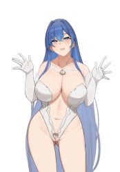 Rule 34 | 1girl, :d, azur lane, bad id, bad pixiv id, blue eyes, blue hair, blush, breasts, elbow gloves, gloves, gluteal fold, gongba laoge, highres, large breasts, leotard, long hair, looking at viewer, navel, new jersey (azur lane), new jersey (snow-white ceremony) (azur lane), open mouth, playboy bunny, simple background, smile, solo, very long hair, white background, white gloves