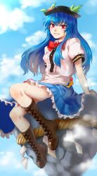 Rule 34 | 1girl, apron, blue hair, blue skirt, boots, bow, bowtie, breasts, brown footwear, buttons, center frills, collared shirt, commentary request, cross-laced footwear, floating rock, frilled apron, frilled skirt, frills, full body, grin, hat, highres, hinanawi tenshi, keystone, kuya (hey36253625), leaf hat ornament, long hair, peach hat ornament, puffy short sleeves, puffy sleeves, rainbow gradient, red bow, red bowtie, red eyes, shirt, short sleeves, sidelocks, sitting, skirt, small breasts, smile, solo, touhou, waist apron, white apron, white shirt
