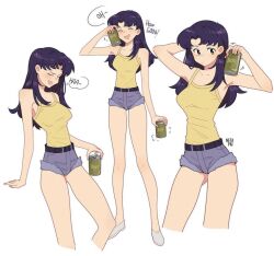 Rule 34 | !, 1girl, :/, arm support, bare legs, beer can, breasts, brown eyes, can, denim, denim shorts, drink can, english text, full body, happy, holding, holding can, katsuragi misato, long hair, looking at viewer, medium breasts, micro shorts, multiple views, neon genesis evangelion, netapai1, no bra, open mouth, purple hair, salute, shiny skin, shirt, short shorts, shorts, smile, solo, standing, thick thighs, thighs, white background, wide hips, yellow shirt