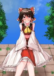 Rule 34 | 1girl, absurdres, ascot, bloomers, blue sky, blush, breasts, brown hair, clenched teeth, clothes lift, cloud, collarbone, crop top, day, detached sleeves, embarrassed, female focus, frilled skirt, frills, from below, grass, hair ribbon, hair tubes, hakurei reimu, have to pee, highres, knees together feet apart, leaning forward, lifted by self, long hair, midriff, navel, outdoors, pee, peeing, peeing self, red eyes, red ribbon, red shirt, red skirt, ribbon, ribbon-trimmed sleeves, ribbon trim, shirt, sidelocks, skirt, skirt lift, sky, sleeveless, sleeveless shirt, small breasts, solo, standing, stomach, sweat, tears, teeth, tosi (pixiv 2484949), touhou, tree, underwear, wide sleeves, yellow ascot