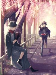 Rule 34 | 2boys, black eyes, black hair, book, cherry blossoms, cloak, crossed legs, edmond dantes (fate), fate/grand order, fate (series), fence, fujimaru ritsuka (male), hair over one eye, hat, highres, holding, holding book, japanese clothes, kimono, multiple boys, open mouth, petals, pixiv fate/grand order contest 1, reading, road, running, scarf, school uniform, shadow, short hair, silver hair, smile, spring (season), street, taishou, tree, tuze111, uniform, yellow eyes