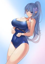 Rule 34 | 1girl, absurdres, bad id, bad pixiv id, bare shoulders, blue eyes, blue hair, blue one-piece swimsuit, blunt bangs, blush, breasts, cleavage, closed mouth, collarbone, covered navel, cowboy shot, curvy, dutch angle, gradient background, highres, large breasts, light frown, long hair, looking at viewer, maanu, one-piece swimsuit, original, palms, pointy ears, ponytail, shiny clothes, simple background, solo, sweat, swimsuit, thighs, tsurime, very long hair