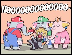 Rule 34 | 2boys, 2girls, apple, armlet, ayyk92, bare shoulders, barefoot, black dress, blank eyes, blonde hair, blue gemstone, blue overalls, bowsette, brooch, cabbie hat, chibi, colored skin, constricted pupils, crown, dress, earrings, elephant boy, elephant fruit, elephant luigi, elephant mario, elephant princess peach, facial hair, food, forced, frown, fruit, gem, gloves, green headwear, green shirt, grey skin, hair between eyes, hat, holding, holding another&#039;s wrist, holding food, holding fruit, jewelry, letter print, luigi, mario, mario (series), multiple boys, multiple girls, mustache, new super mario bros. u deluxe, nintendo, no, off-shoulder dress, off shoulder, orange background, overalls, pink dress, pink skin, ponytail, princess peach, red apple, red headwear, red shirt, restrained, sharp teeth, shirt, shouting, sphere earrings, spiked shell, spiked tail, strapless, strapless dress, super crown, super mario bros. wonder, tail, teeth, thick eyebrows, turtle shell, waving legs, wavy hair, white gloves