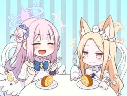 Rule 34 | +++, 2girls, :d, ^ ^, animal ear fluff, animal ears, blonde hair, blue archive, blue bow, blue flower, blush, bow, cake, chair, closed eyes, closed mouth, commentary request, crescent, cross halo, dress, feathered wings, flower, food, forehead, fork, fox ears, hair bun, hair flower, hair ornament, halo, holding, holding fork, long sleeves, low wings, mika (blue archive), multiple girls, nagami yuu, on chair, open mouth, parted bangs, pink hair, plate, seia (blue archive), short sleeves, single side bun, sitting, sleeves past fingers, sleeves past wrists, smile, striped, striped background, swiss roll, table, vertical stripes, white dress, white wings, wings