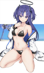 Rule 34 | 1girl, bikini, black bikini, blue archive, blue eyes, blush, breasts, halo, highres, isegawa yasutaka, jacket, jacket partially removed, long hair, looking at viewer, medium breasts, off shoulder, open clothes, open jacket, parted bangs, purple eyes, purple hair, simple background, solo, swimsuit, two-sided fabric, two-sided jacket, two side up, yuuka (blue archive)