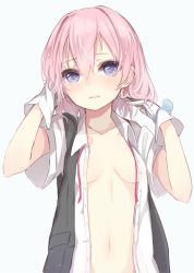 Rule 34 | 10s, 1girl, adjusting hair, alternate hairstyle, blue eyes, collarbone, gloves, hair down, ruffling hair, kantai collection, kojiki-life, looking at viewer, navel, no bra, open clothes, open shirt, partially undressed, personification, pink hair, school uniform, shiranui (kancolle), shirt, short hair, short sleeves, solo, white gloves