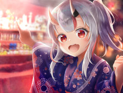 Rule 34 | 1girl, :d, absurdres, blue kimono, blurry, blurry background, commentary request, depth of field, floral print, grey hair, highres, hilamaru, hololive, horns, japanese clothes, kimono, long hair, long sleeves, looking at viewer, market stall, multicolored hair, nakiri ayame, oni, open mouth, outdoors, outstretched arm, pointing, ponytail, print kimono, red eyes, red hair, sidelocks, skin-covered horns, smile, solo, streaked hair, teeth, upper body, upper teeth only, virtual youtuber, wide sleeves