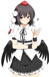 Rule 34 | 1girl, absurdres, belt, bird wings, black belt, black hair, black ribbon, black skirt, black wings, blush, breasts, brown eyes, closed mouth, collared shirt, cowboy shot, feathered wings, frilled skirt, frills, hat, highres, low wings, medium breasts, neck ribbon, pleated skirt, pom pom (clothes), puffy short sleeves, puffy sleeves, red hat, ribbon, rise (rise19851203), scribble, shameimaru aya, shirt, short hair, short sleeves, simple background, skirt, solo, tassel, thighs, tokin hat, touhou, white background, white shirt, wings