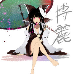 Rule 34 | 1girl, bell, black hair, bow, detached sleeves, female focus, fox mask, hair bow, hair tubes, hakurei reimu, crossed legs, long hair, mask, mouth hold, oil-paper umbrella, petals, red eyes, sitting, solo, toudou (dolce), touhou, umbrella