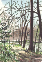 absurdres bare_tree blue_sky day fumeshi grass highres no_humans original painting_(medium) river riverbank scenery shadow sky sunlight traditional_media tree water watercolor_(medium)