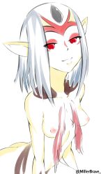 Rule 34 | 1girl, absurdres, ao no roku-gou, breasts, completely nude, fish, fish girl, grey hair, highres, medium breasts, mutio, nipples, nude, pointy ears, red eyes, short hair, small breasts