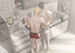 Rule 34 | 2boys, arm around waist, ass, bertolt hoover, black hair, blonde hair, boxers, contemporary, couple, cute potato (cute potato ner), from above, head on another&#039;s shoulder, height difference, highres, holding, holding phone, kitchen, leaning on person, male focus, male underwear, multiple boys, phone, red male underwear, reiner braun, shingeki no kyojin, short hair, topless male, underwear, underwear only, yaoi