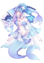 Rule 34 | 1girl, asame21, bad id, bad pixiv id, bare shoulders, blue eyes, blue hair, creatures (company), detached sleeves, fingernails, fins, fish tail, game freak, gen 1 pokemon, hair ornament, head fins, jewelry, long hair, mermaid, midriff, monster girl, nail polish, navel, necklace, nintendo, personification, pokemon, pokemon (creature), scales, shell, shell bikini, tail, vaporeon