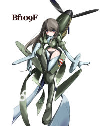 Rule 34 | 1girl, aircraft, airplane, bf 109, black panties, boots, long hair, mecha musume, military, multicolored clothes, multicolored legwear, nano (nanosize), original, panties, solo, thigh boots, thighhighs, underwear, wings, world war ii