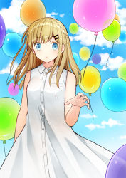 Rule 34 | 1girl, bad id, bad pixiv id, balloon, bare arms, bare shoulders, blue eyes, blue sky, blush, breasts, cloud, collared dress, commentary request, day, dress, hair ornament, hairclip, kurata rine, light brown hair, long hair, looking at viewer, original, outdoors, parted lips, revision, sky, sleeveless, sleeveless dress, small breasts, solo, standing, white dress