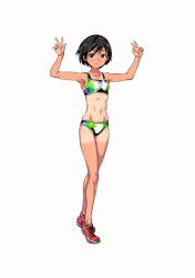 Rule 34 | 1girl, abs, bad id, bad pixiv id, black eyes, black hair, commentary request, fujisawa takashi, highres, looking at viewer, midriff, navel, original, shoes, short hair, smile, sneakers, solo, sports bikini, tan, tanline, v