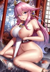 Rule 34 | 1girl, anklet, bare shoulders, blush, bottomless, breasts, breasts out, crossed bangs, genshin impact, hair ornament, highres, japanese clothes, jewelry, large breasts, leaf, long hair, looking at viewer, maple leaf, miko, navel, nipples, open mouth, parted lips, pink hair, purple eyes, solo, thighs, tongue, tongue out, water, wsman, yae miko