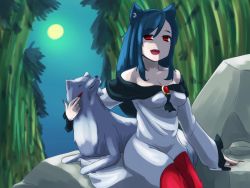 Rule 34 | 1girl, animal ears, bamboo, bamboo forest, bare shoulders, black hair, breasts, brooch, byakko310, cleavage, dress, fang, fingernails, forest, imaizumi kagerou, jewelry, long hair, moon, nature, open mouth, red eyes, sitting, touhou, wolf, wolf ears