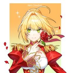 Rule 34 | 1girl, ahoge, blonde hair, bon (bony 53), braid, breasts, character name, commentary request, dress, fate/extra, fate (series), flower, green eyes, hair intakes, holding, holding flower, juliet sleeves, large breasts, long sleeves, looking at viewer, medium breasts, nero claudius (fate), nero claudius (fate) (all), nero claudius (fate/extra), puffy sleeves, red dress, red flower, red rose, rose, smile, solo, upper body