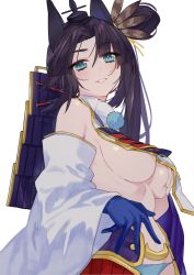 Rule 34 | 1girl, armor, asymmetrical sleeves, bare shoulders, black hair, black hat, blue eyes, blue gloves, blue panties, blush, breast curtains, breast hold, breasts, detached sleeves, fate/grand order, fate (series), feather hair ornament, feathers, gloves, grabbing, grabbing own breast, hair ornament, hat, headgear, highres, japanese armor, kusazuri, large breasts, long hair, looking at viewer, mismatched sleeves, panties, parted bangs, parted lips, pom pom (clothes), revealing clothes, ryuuno6, side ponytail, sideboob, simple background, smile, smirk, solo, underboob, underwear, ushiwakamaru (fate), white background