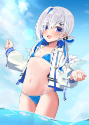 Rule 34 | 1girl, alternate costume, amane kanata, asymmetrical bangs, bikini, blue bikini, blue eyes, blue hair, blue sky, blush, cloud, cloudy sky, collarbone, commentary request, dutch angle, embarrassed, flat chest, grey hair, hair ornament, hair over one eye, hairclip, hands up, highres, hololive, jacket, jacket over swimsuit, long hair, looking at viewer, micro bikini, multicolored hair, navel, shadow, shimaketa, shiny skin, sidelocks, sky, solo, standing, stomach, streaked hair, swimsuit, thighs, virtual youtuber, wading, white jacket