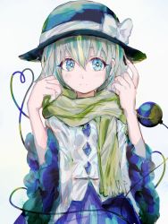 Rule 34 | 1girl, aqua hair, black hat, blouse, blue eyes, blue skirt, buttons, closed mouth, cowboy shot, diamond button, eyeball, eyebrows hidden by hair, frilled skirt, frills, frown, green scarf, hair between eyes, hat, hat ribbon, heart, heart-shaped pupils, heart of string, highres, komeiji koishi, long sleeves, looking to the side, medium hair, ribbon, rin (rin7kan7), scarf, shirt, simple background, skirt, solo, symbol-shaped pupils, third eye, touhou, wavy hair, white background, white ribbon, white shirt, wide sleeves