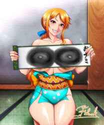 Rule 34 | 1girl, breasts, fishneak, highres, large breasts, long hair, nami (one piece), one piece, orange hair, smile, solo