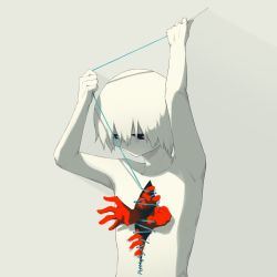 Rule 34 | 1boy, avogado6, collarbone, expressionless, hole in chest, hole on body, looking down, muted color, needle, original, outstretched arms, pale skin, pulling, sewing, sewing needle, short hair, spot color, stitches, thread