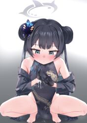 Rule 34 | 1girl, bare shoulders, barefoot, black gloves, black hair, blue archive, blue eyes, blush, china dress, chinese clothes, coat, cum, double bun, dragon print, dress, gloves, gmkj, gradient background, groin, hair bun, hair ornament, halo, highres, kisaki (blue archive), long hair, off shoulder, solo, spread legs, squatting, sweat, tiptoes, twintails, variant set
