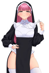 Rule 34 | 1girl, absurdres, amane a (007 uiro), bad id, bad pixiv id, blush, breasts, cross, cross necklace, expressionless, frills, grey eyes, hand on own hip, highres, jewelry, long hair, looking at viewer, necklace, nun, original, pink hair, simple background, solo, thighhighs, veil, white background, white thighhighs